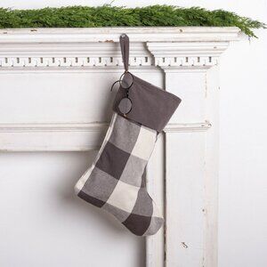 Buffalo Check Christmas Stocking 18" Gray Cream Rustic Farmhouse Style PBT